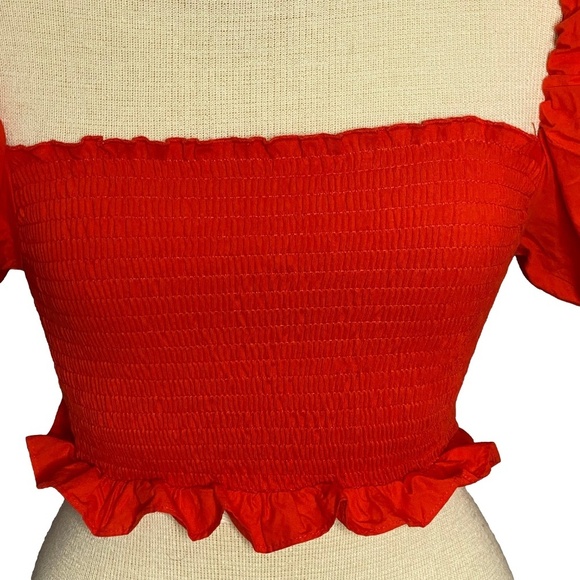 NWOT ZARA Red Puff Sleeve Smocked Tube Top Ruffle Cropped Festival Cotton S - Picture 5 of 13